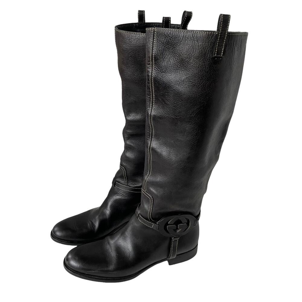 Gucci Interlocking G Logo Tall Riding Boots Knee Leather Black 7 GUC - Picture 12 of 16